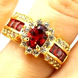 3Ct Oval Cut Simulated Red Garnet Engagement Ring 14K Yellow Gold Plated Silver